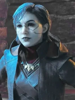 A women’s maroon leather-style jacket with a wide stand-up collar and asymmetrical front, inspired by Merrin.