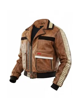 A rich brown bomber jacket with a ribbed waist and collar, inspired by the Jedi Survivor video game.