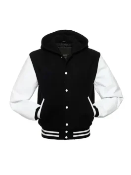 Hooded Varsity Jacket featuring contrast sleeves and a soft integrated hood.