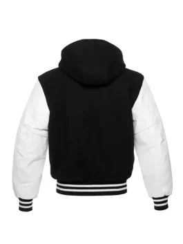Back view of a Hooded Varsity Jacket in a classic black and white color scheme.