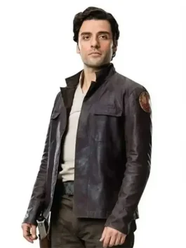 A men’s dark brown leather-style pilot jacket with a sleek stand collar, inspired by Poe Dameron.