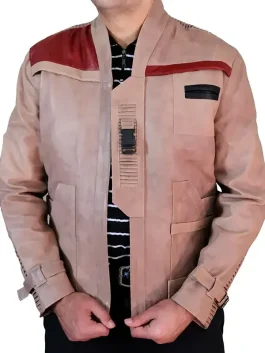 A men’s antique tan leather-style jacket with red shoulder accents and a stand-up collar, inspired by Finn.