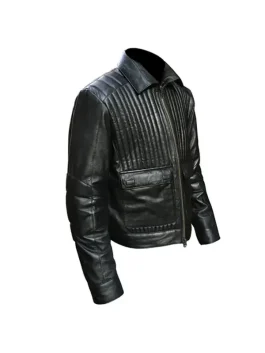 A sleek black leather-style jacket with a high collar and padded details inspired by Darth Vader.