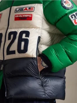 2026 Olympics Team USA Hawthorne jacket in green and white with hooded puffer look, zip closure and winter-ready fit