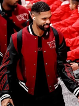 Maroon AC Milan x Off-White Ruben Loftus-Cheek varsity jacket showing bold color and classic ribbed trim