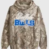 Full front view of the Buffalo Bills 2025 camouflage graphic hoodie with pouch pocket.