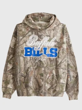 Full front view of the Buffalo Bills 2025 camouflage graphic hoodie with pouch pocket.