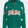 Front view of a green full-zip hoodie featuring white side accents, a "México" chest graphic, and decorative embroidery on the hood.