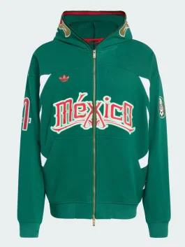 Front view of a green full-zip hoodie featuring white side accents, a "México" chest graphic, and decorative embroidery on the hood.