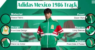 Product infographic for the Adidas Mexico 1986 Track Jacket, featuring a model and detailed callouts of its design elements including material, collar style, and pocket placement