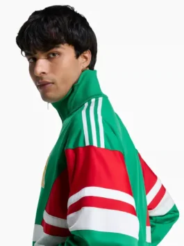 Front view of Mexico 1986 adidas track jacket showing zipper, stand collar and clean retro look in green.