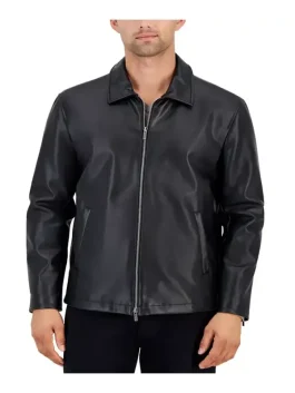 Front view of a Men's Alfani leather jacket with shirt collar and zipper closure from J4 Jackets.