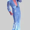 A full shot of the Benson Boone Blue Jumpsuit highlighting the flared legs and sparkling sequins.