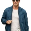 A stylish Brad Pitt Blue Bomber Jacket with a traditional collar and zip front.