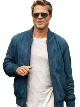 A stylish Brad Pitt Blue Bomber Jacket with a traditional collar and zip front.