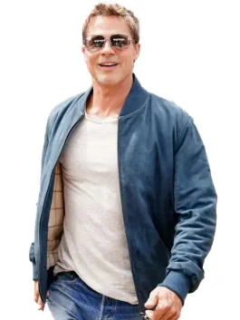 Front view of the Brad Pitt Blue Bomber Jacket showing the pockets and zipper.