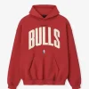 Front view of Chicago Bulls Fear of God x NBA Red 90’s Hoodie with sticker-style graphics and pullover hood