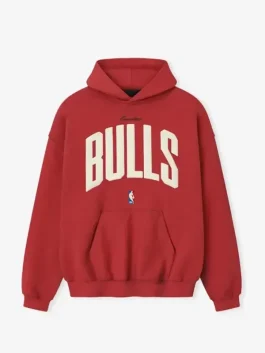 Front view of Chicago Bulls Fear of God x NBA Red 90’s Hoodie with sticker-style graphics and pullover hood