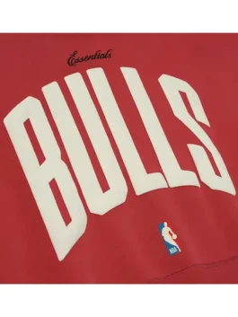 Close-up front view of Chicago Bulls red hoodie showing sticker graphics detail and clean fabric finish