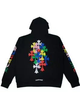 Back view of a chrome hearts rainbow hoodie highlighting the signature cemetery cross art.