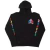 Front view of a chrome hearts rainbow hoodie with vibrant multi color cross logos on a black base.
