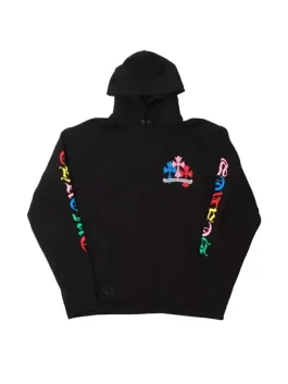 Front view of a chrome hearts rainbow hoodie with vibrant multi color cross logos on a black base.