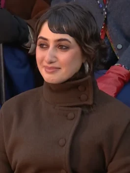 Close up of wool material on Rama Duwaji coat showing texture, warmth, and premium winter finish.