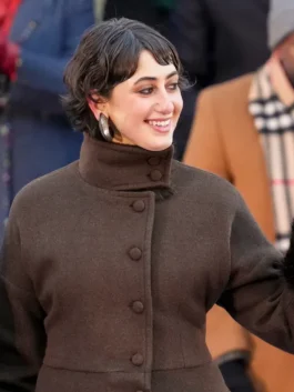 Close up short view of Rama Duwaji 2026 long coat showing front detail, seams, and clean finishing.