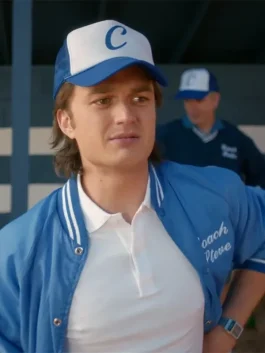 Detailed view of the Steve Harrington Season 5 blue jacket. Features high-quality stitching and authentic 80s blue hue.