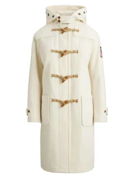 Close-up of the 2026 Team USA style white wool coat with classic wooden toggle closures.