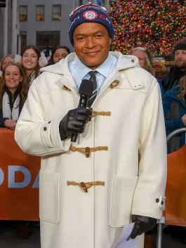 White wool toggle coat inspired by Craig Melvin’s 2026 Winter Games look on The Today Show.