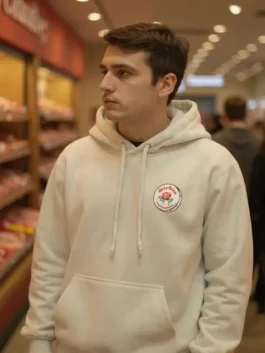 Front view of the De La Rosa Beige Hoodie in a soft pullover style.