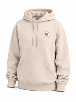 Close-up of the De La Rosa Beige Hoodie with the vintage rose graphic.