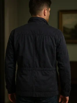 Winchester Blue Jacket showing the rugged back construction and reinforced stitching.