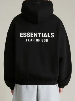 Front view of the Essentials Black Fleece Hoodie showing the clean chest logo.