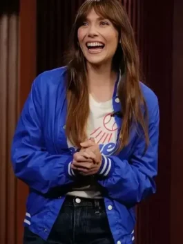 Front view of Elizabeth Olsen blue varsity jacket showing classic varsity style and a comfortable fit for daily outfits