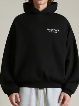 A detailed look at the Essentials Black Fleece Hoodie in a rich black shade.