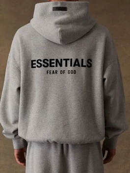 A high-quality Essentials Grey Hoodie with a clean and simple design.
