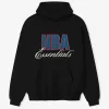 Front view of Fear of God x NBA Essentials 90’s black hoodie with hood and front pocket in a relaxed streetwear fit