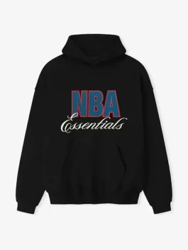 Front view of Fear of God x NBA Essentials 90’s black hoodie with hood and front pocket in a relaxed streetwear fit