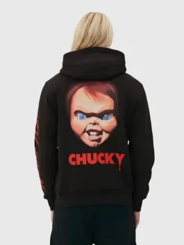 Unisex Chucky black fleece pullover hoodie with long sleeves, hood and relaxed fit for winter comfort
