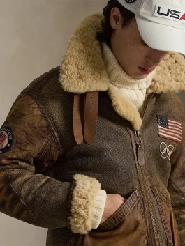 Flight Bomber Team USA Aviator Jacket with shearling collar.