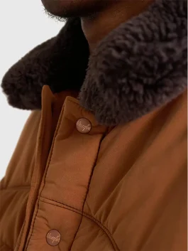 Full zip Jim Hopper Wrangler x Stranger Things jacket with sherpa collar and rugged trucker style for winter layering