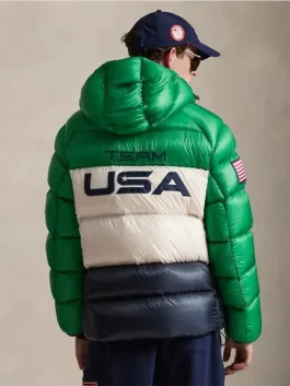 Green and white Hawthorne Milano Cortina 2026 jacket showing padded puffer build, hood shape and clean winter fit