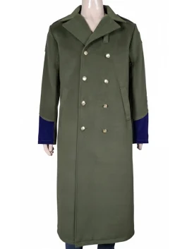 A full-length green wool overcoat with a professional silhouette and formal button detailing.