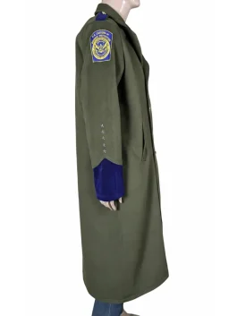 Product display for the Greg Bovino green wool trench coat, showing price and international shipping options.