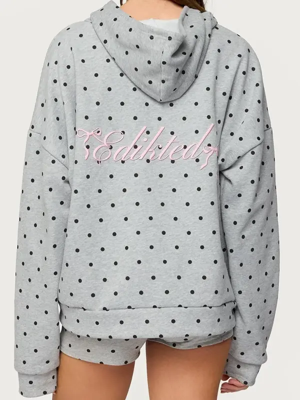 Back view of heather grey spotted hoodie. Soft-touch fleece and durable ribbed cuffs by J4 Jackets.