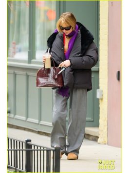 Jennifer Lawrence style oversized black puffer coat from her 2026 New York City street style.