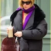 Front view of the black Jennifer Lawrence puffer coat showing the clean matte finish.
