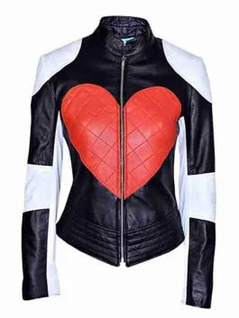 Love Heart Leather Jacket for women featuring a feminine cropped length and a vibrant, high-energy red and black design.
